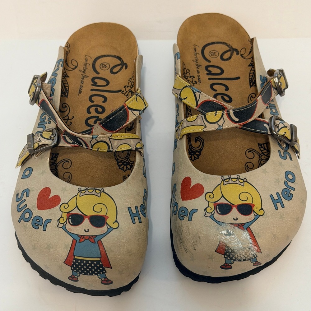 Calceo Goby 'Every Girl Is A Super Hero' Clogs/Mules Shoes Size 38 US 7.5 - Picture 15 of 16